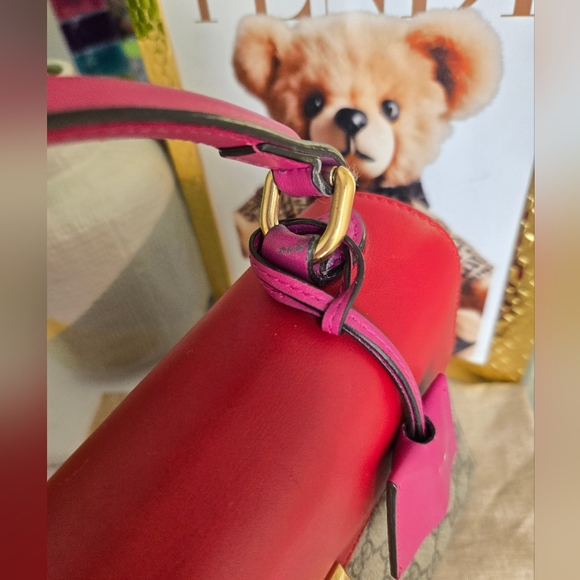 GG Supreme Monogram Calfskin Medium Padlock Satchel Bag Hibiscus Red Rosette - Picture 10 of 14